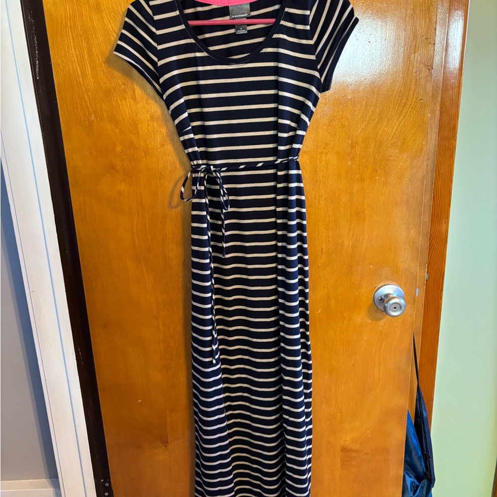 Motherhood Navy and White Striped Belted Maternity Maxi Dress